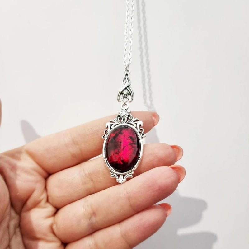 IS4U Gothic Vampire Necklace Vintage Stardust Crystal Cameo Pendant Necklace Punk Style Vampire Pendant Oval Necklace Satanic Demon Red Pendant Necklace Jewelry - Image 1